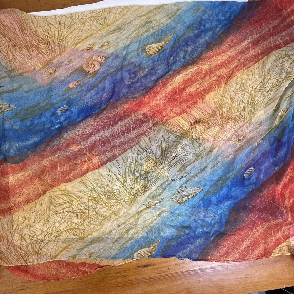 Vintage Scarf SHELLS Nautical Beach Labels removed 60x42 Blue Red Tan Soft Silky